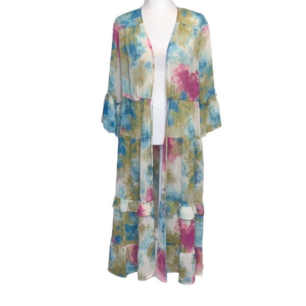 Cato Tie Dyed Ruffle Tiered Front Tie Kimono Maxi Duster 14/16W